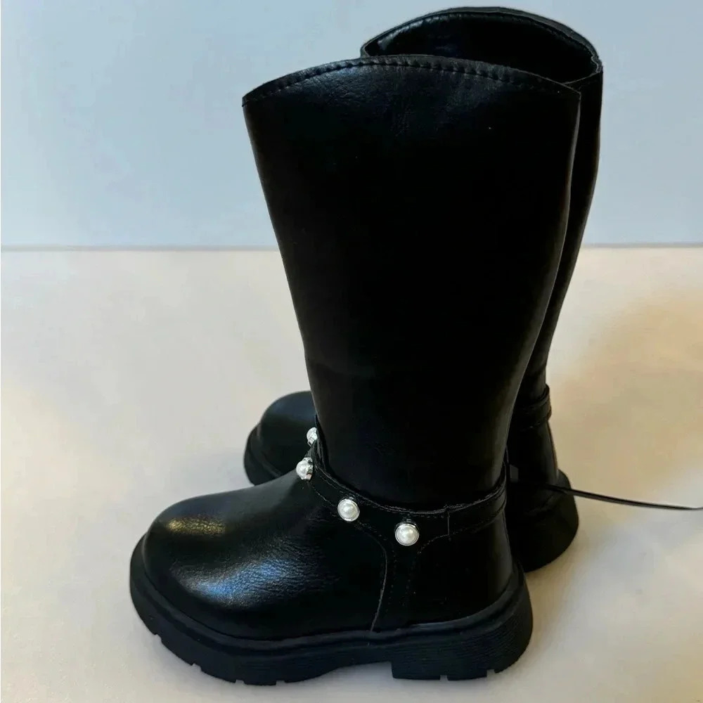 Marc Fisher Little Girls Poppy Pearl Black Faux Leather Knee High Boots Size 5